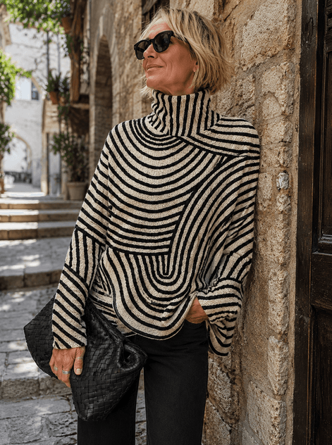 Women's Striped Roll-Neck Knitted Jumper with Contrast Pattern