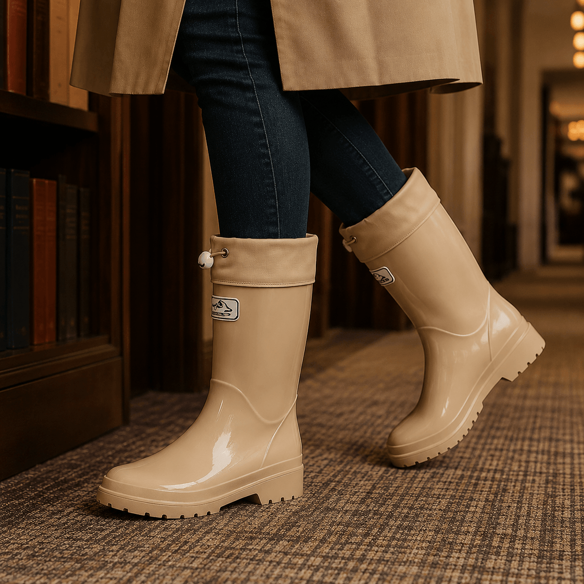 Women's Knee-High Glossy Rubber Wellies with Drawstring Cuff