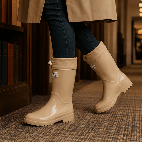 Women's Knee-High Glossy Rubber Wellies with Drawstring Cuff