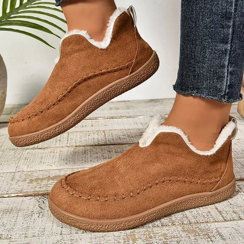Cay Fur-Lined Suede Winter Ankle Boots for Women with Stitched Moc Toe