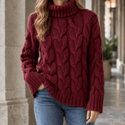 Women's Cable Knitted Turtleneck Jumper with Ribbed Cuffs
