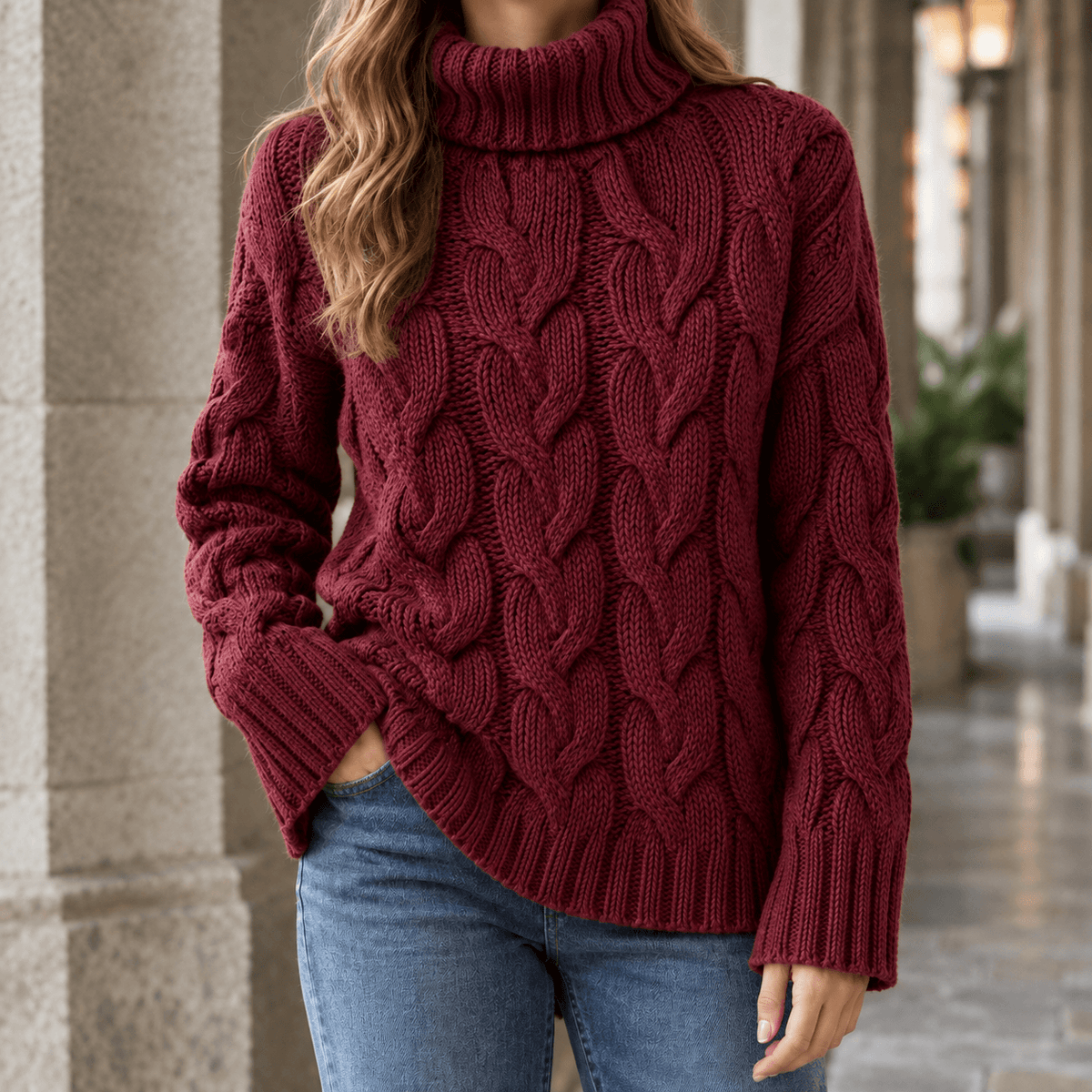 Women's Cable Knitted Turtleneck Jumper with Ribbed Cuffs