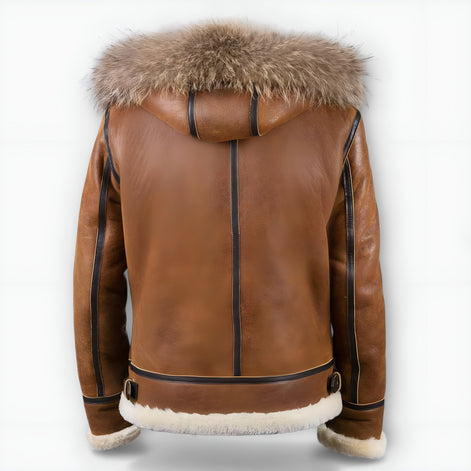 Shearling-Lined Aviator Bomber Jacket with Fur Hood for Men