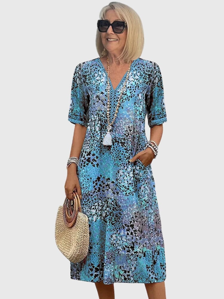 Bella Floral V-Neck Midi Dress with Pockets in Polyester