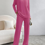 Women's Ribbed V-Neck Top and Trousers Two Piece Set