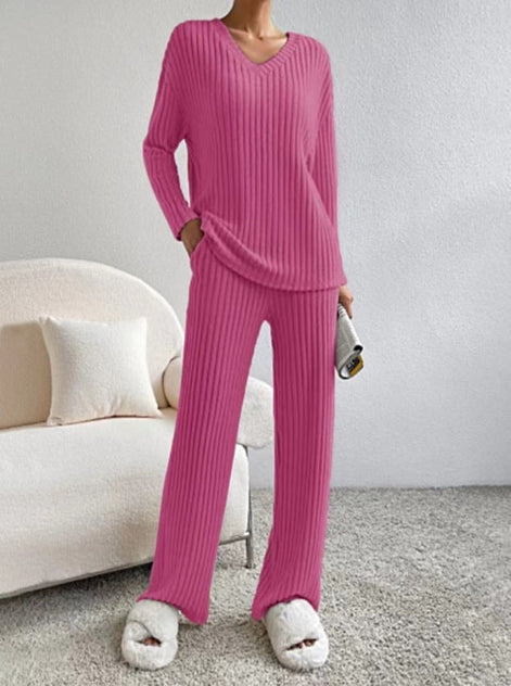 Women's Ribbed V-Neck Top and Trousers Two Piece Set