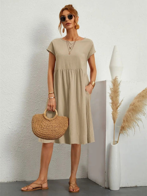 Women's Cotton Blend Christmas Party Shift Midi Dress with Pockets