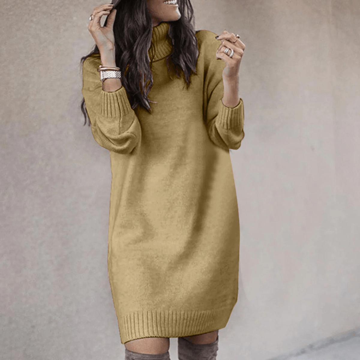 Women's Roll Neck Long Sleeve Knitted Jumper Dress with Ribbed Cuffs