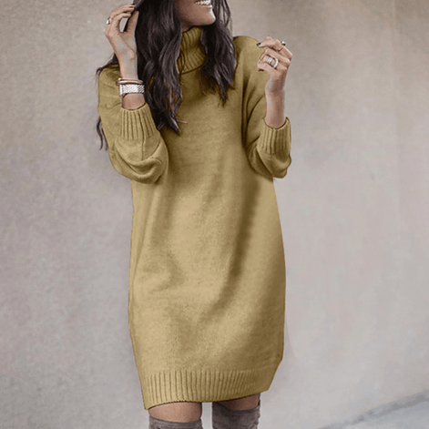 Women's Roll Neck Long Sleeve Knitted Jumper Dress with Ribbed Cuffs