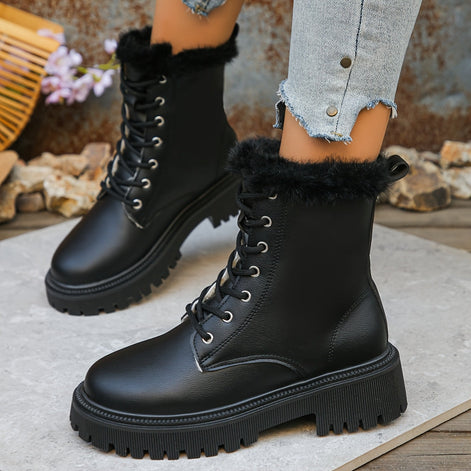 Women's Faux Leather Winter Boots with Faux Fur Trim and Chunky Platform Sole