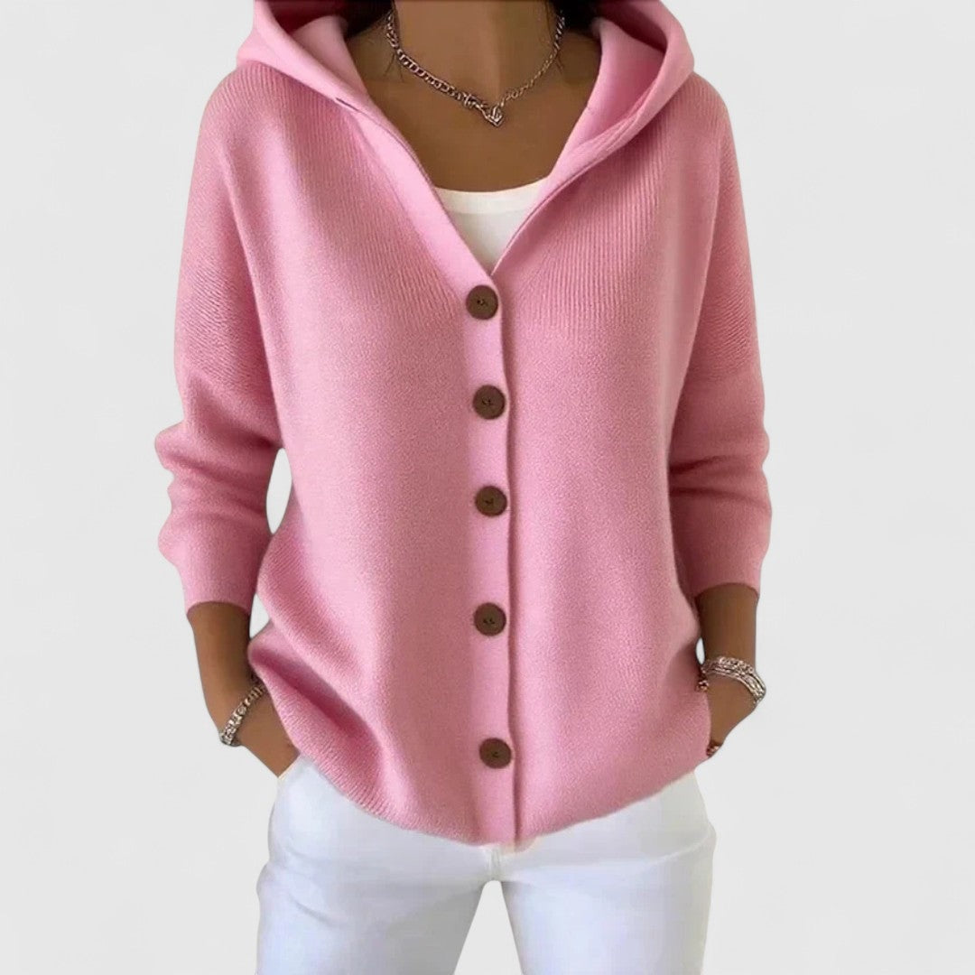 Rhezalynn Hooded Button-Front Women's Knitted Cardigan with Long Sleeves