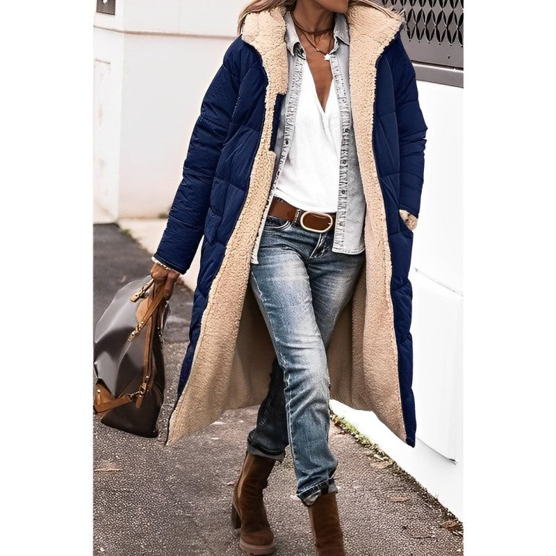 Women's Long Polyester Coat with Teddy Fleece Lining and Hood