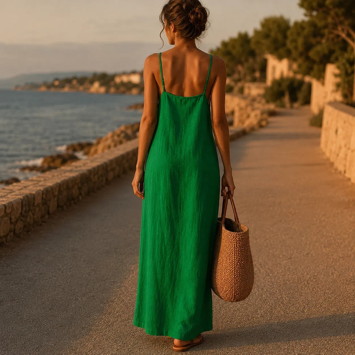Women's Linen-Look Maxi Slip Dress with Adjustable Straps