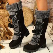 Faux Suede Knee-High Winter Boots for Women with Faux Fur Trim and Lace-Up Detail