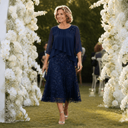 Elavine Sheer-Sleeve Floral Lace Overlay Chiffon Women's Midi Dress