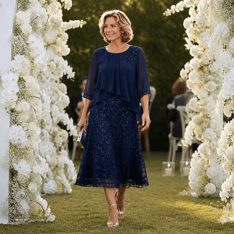 Elavine Sheer-Sleeve Floral Lace Overlay Chiffon Women's Midi Dress