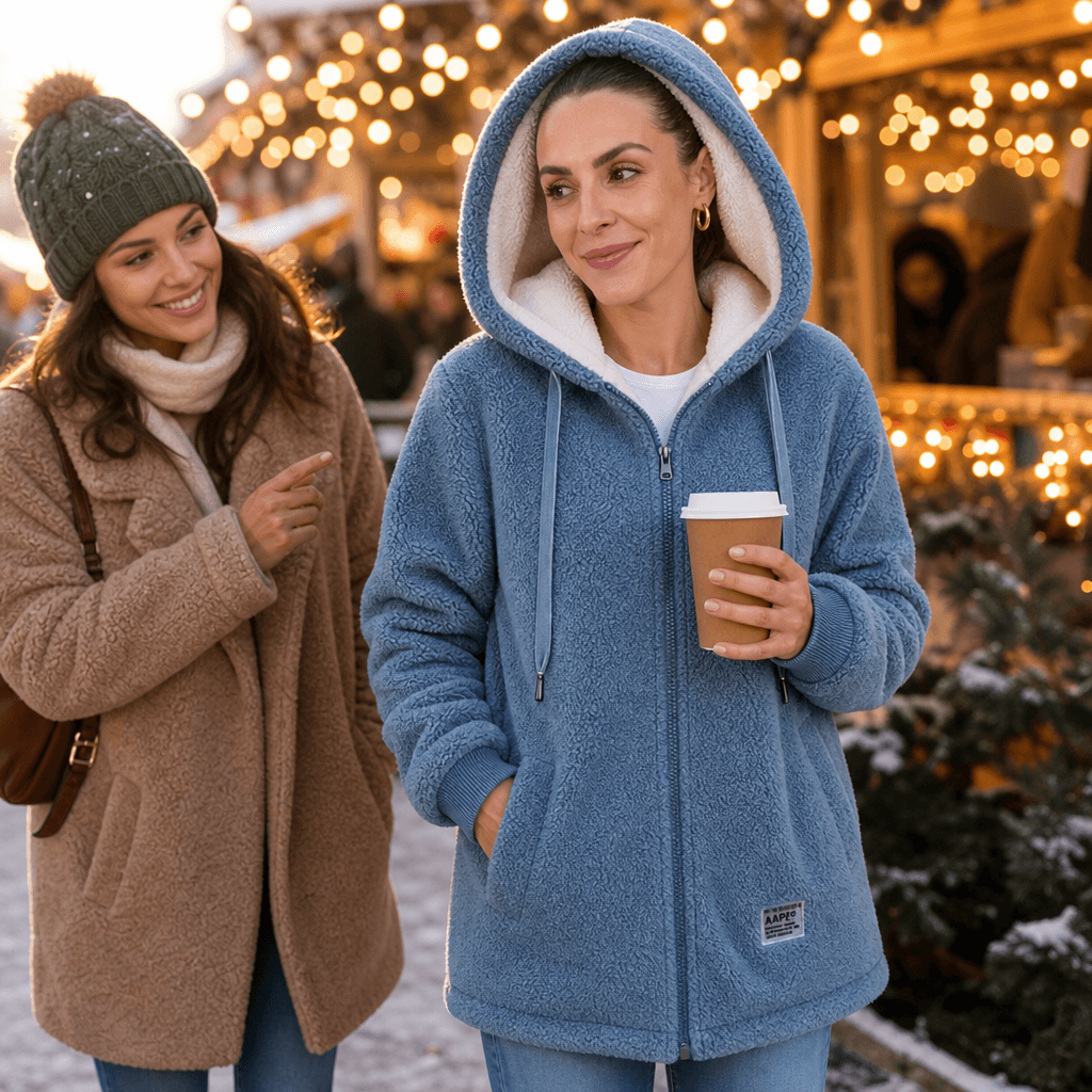 Odile Women's Hooded Fleece Teddy Coat with Zip Front