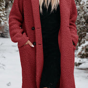 Women's Long Teddy Fleece Coat with Button Front Closure