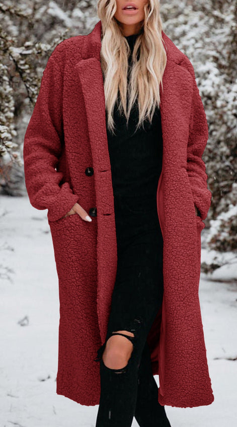 Women's Long Teddy Fleece Coat with Button Front Closure