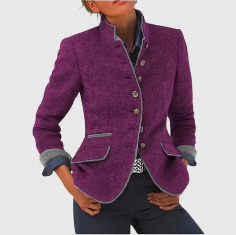 Women's Tailored Wool Blazer with Contrast Trim and Structured Fit
