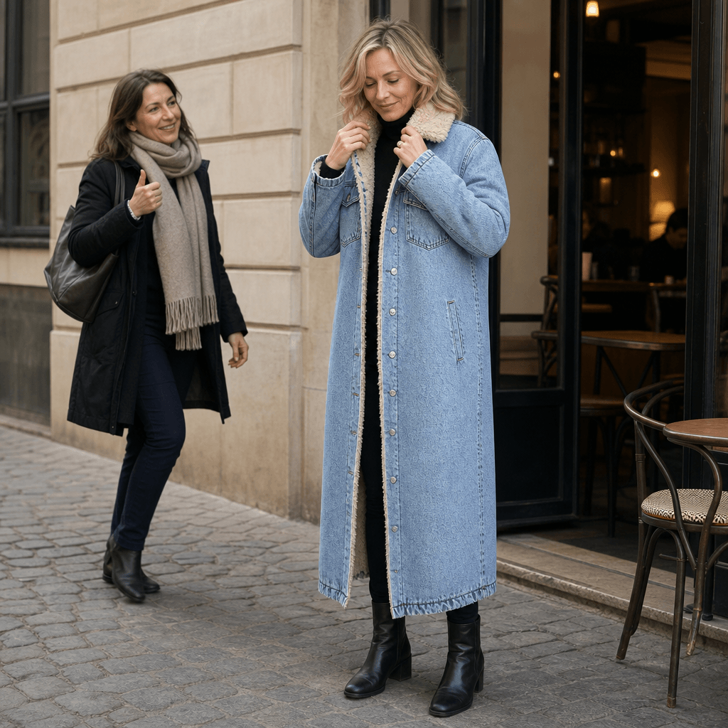 Denora Sherpa-Lined Full-Length Denim Coat with Lapel Collar