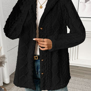 Women's Black Textured Button-Front Winter Coat with Relaxed Fit