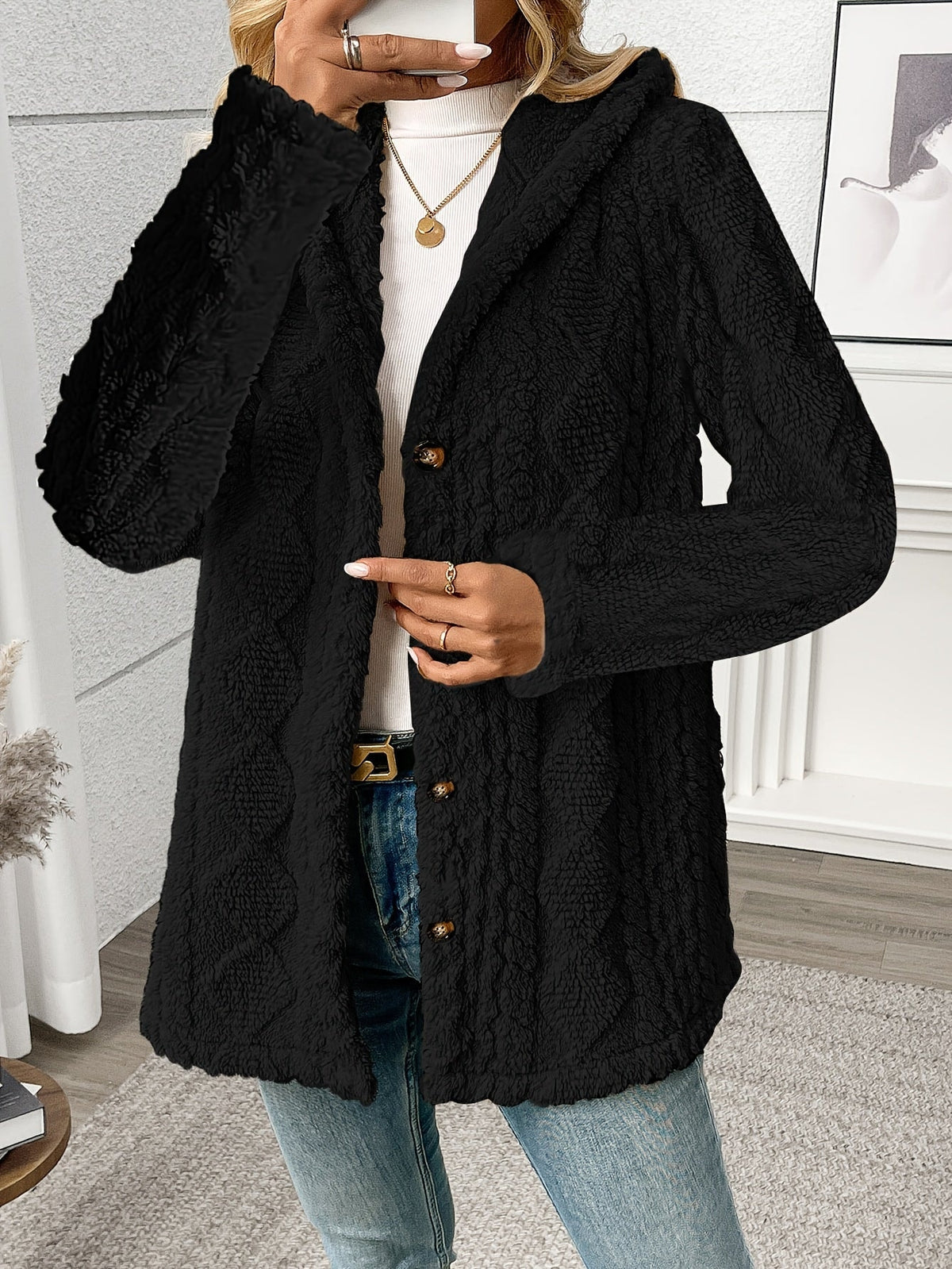 Women's Black Textured Button-Front Winter Coat with Relaxed Fit