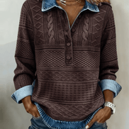 Melkorka Denim-Effect Collared Cable Knit Top with Long Sleeves