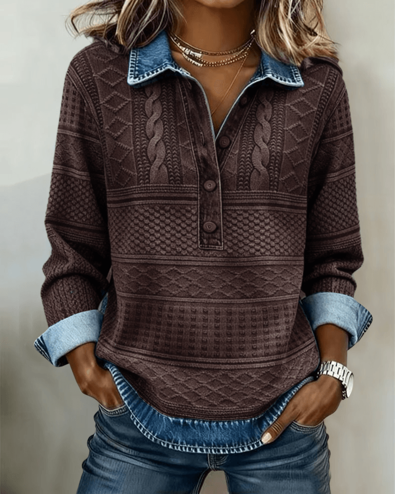 Melkorka Denim-Effect Collared Cable Knit Top with Long Sleeves
