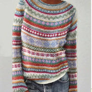 Dorothea Fair Isle Boat Neck Knit Jumper with Striped Trim
