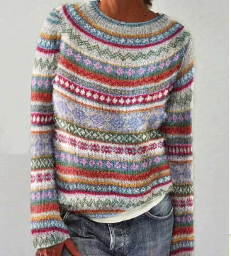Dorothea Fair Isle Boat Neck Knit Jumper with Striped Trim