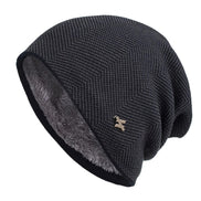 Men's Herringbone Knit Beanie with Fleece Lining and Ribbed Edge