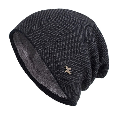 Men's Herringbone Knit Beanie with Fleece Lining and Ribbed Edge