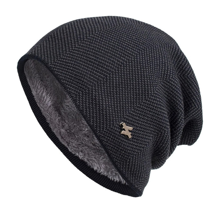 Men's Herringbone Knit Beanie with Fleece Lining and Ribbed Edge