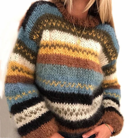Drune Striped Fair Isle Crew Neck Wool Blend Knitted Jumper for Women