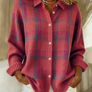 Women's Plaid Knit Button-Up Shirt Jumper with Collar