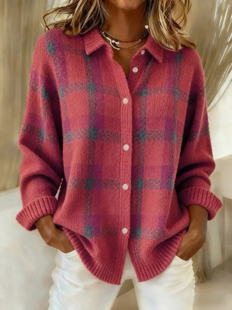 Women's Plaid Knit Button-Up Shirt Jumper with Collar