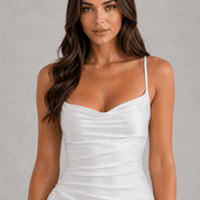 Draped Satin High-Slit Christmas Party Maxi Dress with Ruched Waist