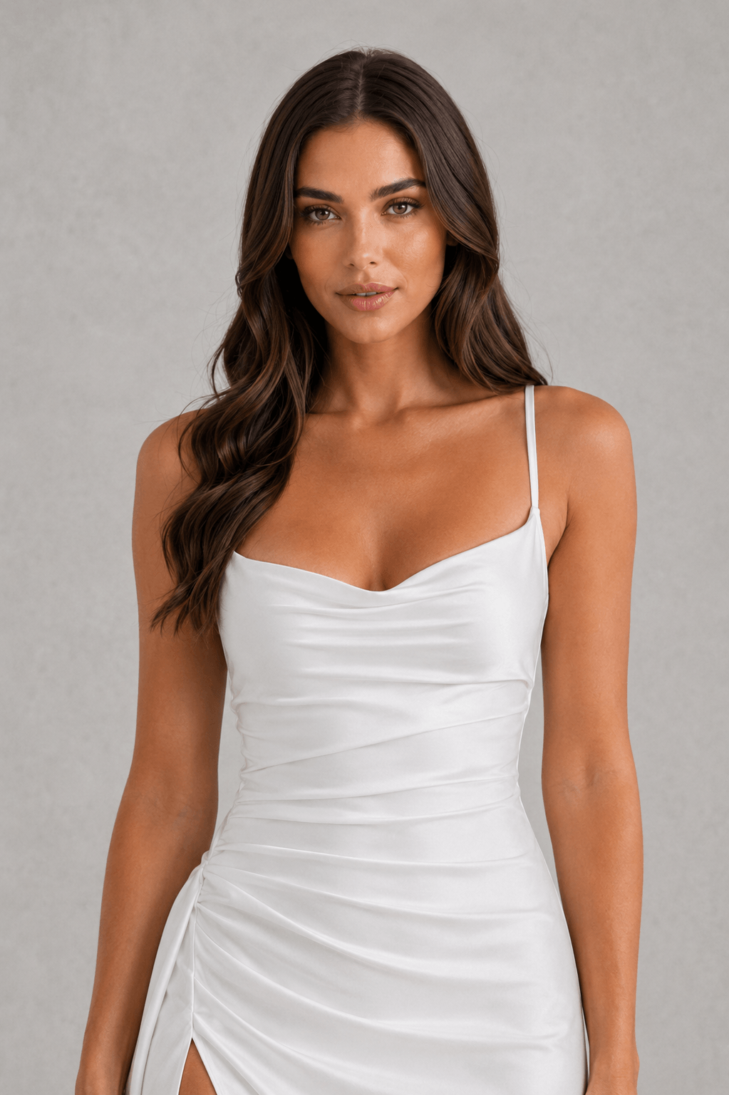 Draped Satin High-Slit Christmas Party Maxi Dress with Ruched Waist