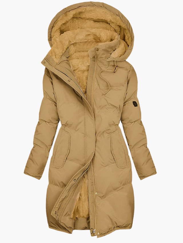 Women's Faux Fur Hooded Padded Long Coat with Drawstring Waist