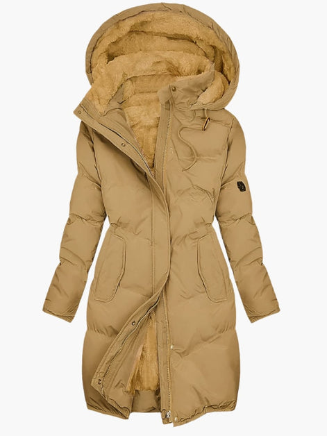 Women's Faux Fur Hooded Padded Long Coat with Drawstring Waist