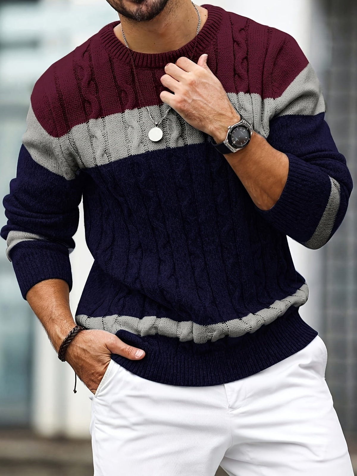 Men's Colour Block Cable-Knit Jumper with Crew Neck