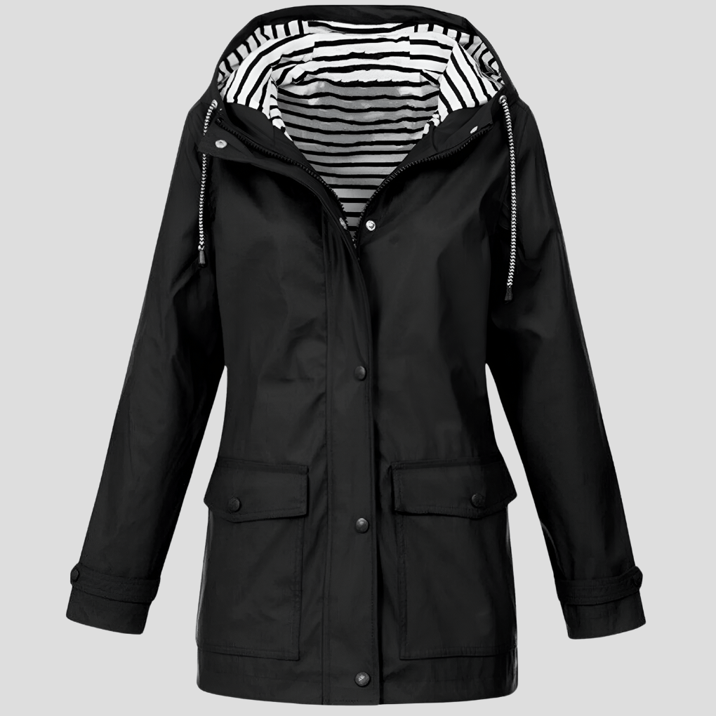 Women's Waterproof Hooded Rain Jacket with Zip Front and Snap Button Pockets