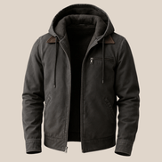 Men's Hooded Cotton Jacket with Fleece Lining and Suede-Trimmed Collar