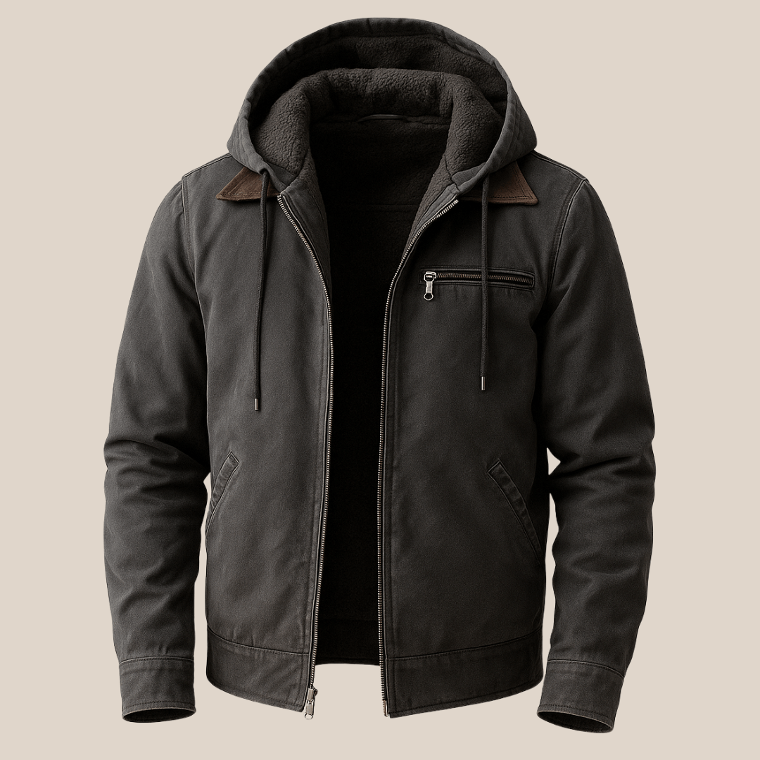 Men's Hooded Cotton Jacket with Fleece Lining and Suede-Trimmed Collar