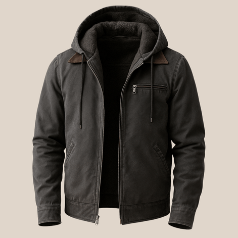 Men's Hooded Cotton Jacket with Fleece Lining and Suede-Trimmed Collar