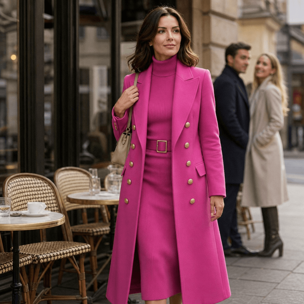 Women's Double-Breasted Structured Longline Wool-Look Coat with Gold Buttons