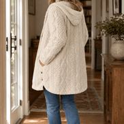 Cable-Knit Textured Hooded Longline Coat with Button Hems
