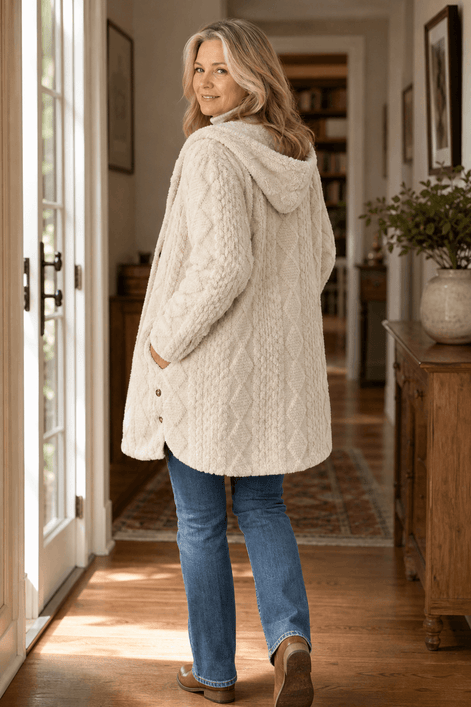 Cable-Knit Textured Hooded Longline Coat with Button Hems