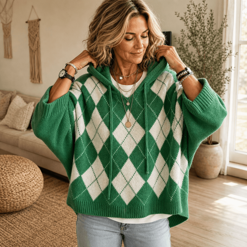 Women's Hooded Argyle Batwing Poncho Knitted Jumper with Relaxed Fit